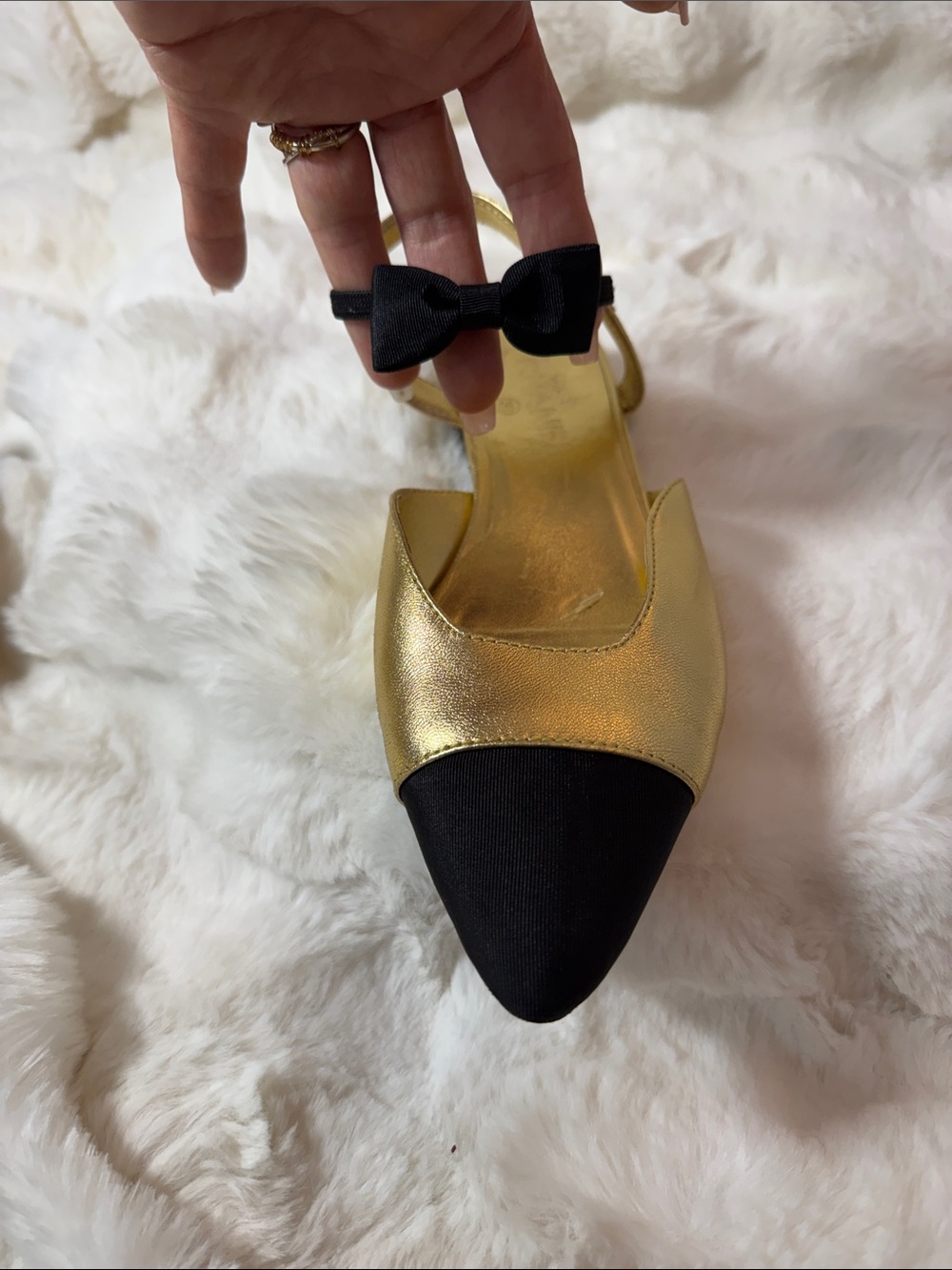 CHANEL Gold and Black Pointed-Toe Slingback Flats - Picture 9 of 12